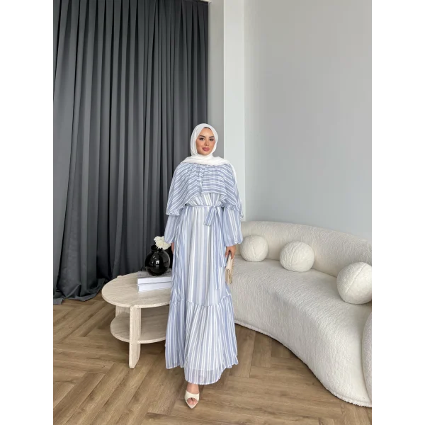 Fuş - Liya Çizgili Yaka Detay Elbise - Mavi