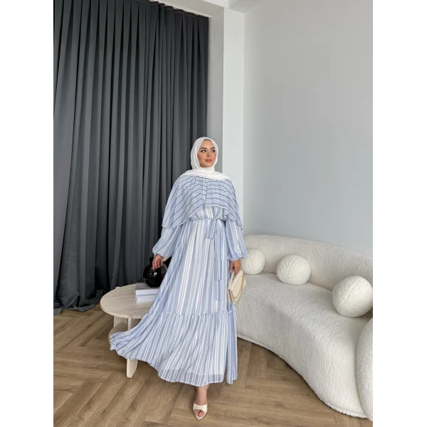 Fuş - Liya Çizgili Yaka Detay Elbise - Mavi