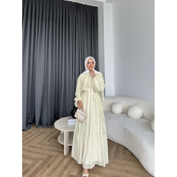 Fuş - Liya Çizgili Yaka Detay Elbise - Sarı