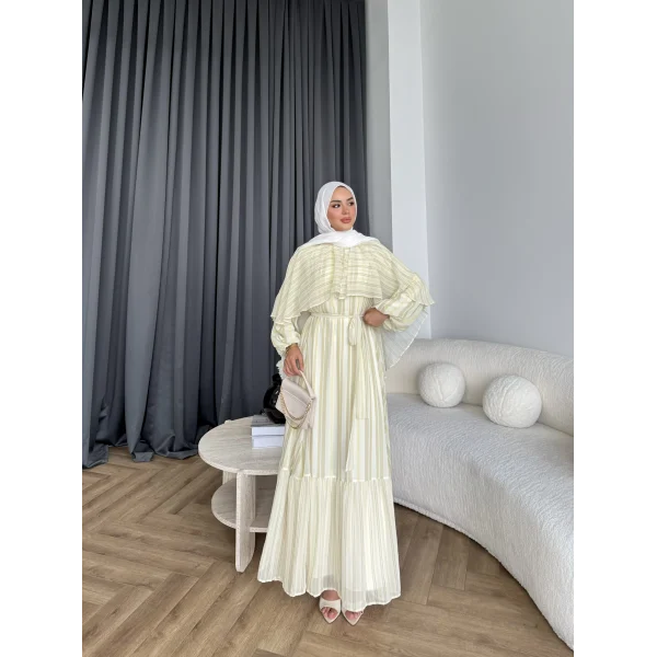 Fuş - Liya Çizgili Yaka Detay Elbise - Sarı