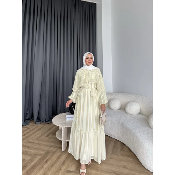 Fuş - Liya Çizgili Yaka Detay Elbise - Sarı