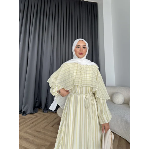 Fuş - Liya Çizgili Yaka Detay Elbise - Sarı