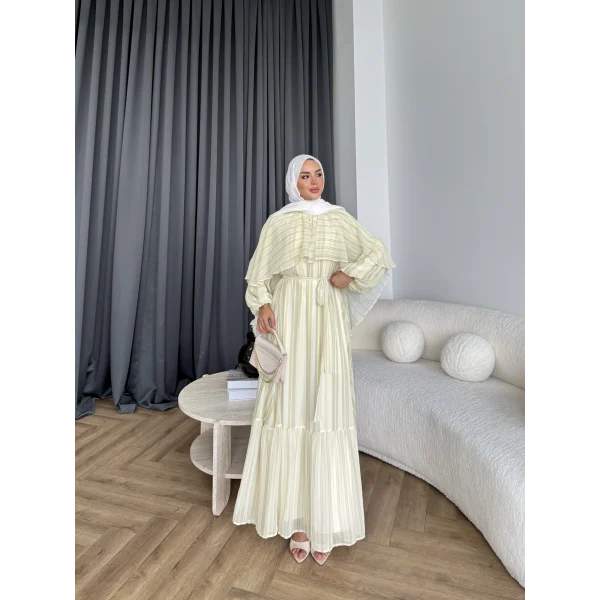 Fuş - Liya Çizgili Yaka Detay Elbise - Sarı