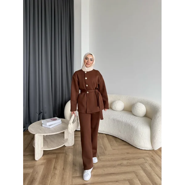 Gold Düğmeli 3 İplik Takım - Kahve