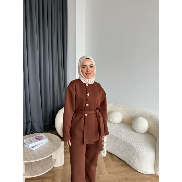 Gold Düğmeli 3 İplik Takım - Kahve