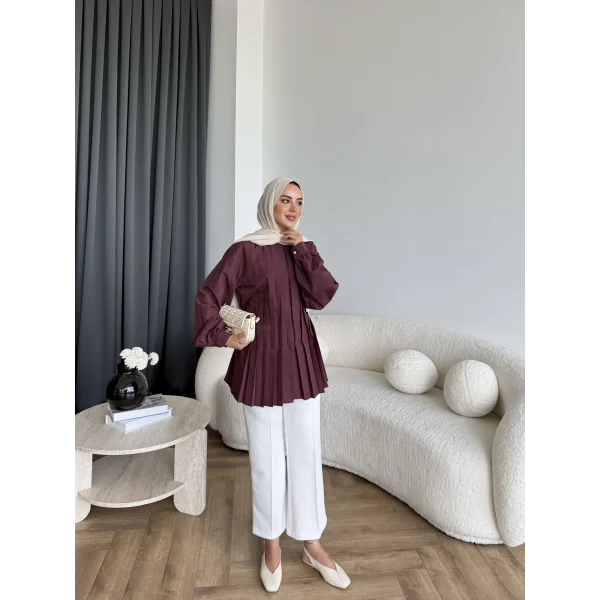 Hen - Mercan Pileli Gömlek - Bordo
