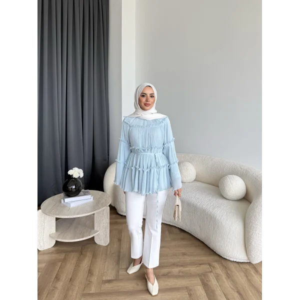 Hen - Piliseli Şifon Bluz - Bebe Mavi