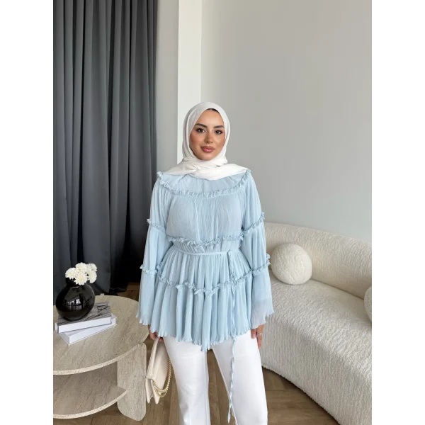 Hen - Piliseli Şifon Bluz - Bebe Mavi