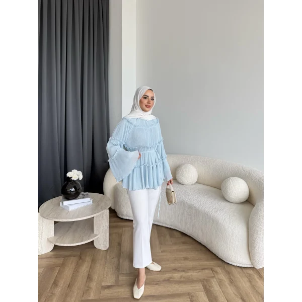 Hen - Piliseli Şifon Bluz - Bebe Mavi