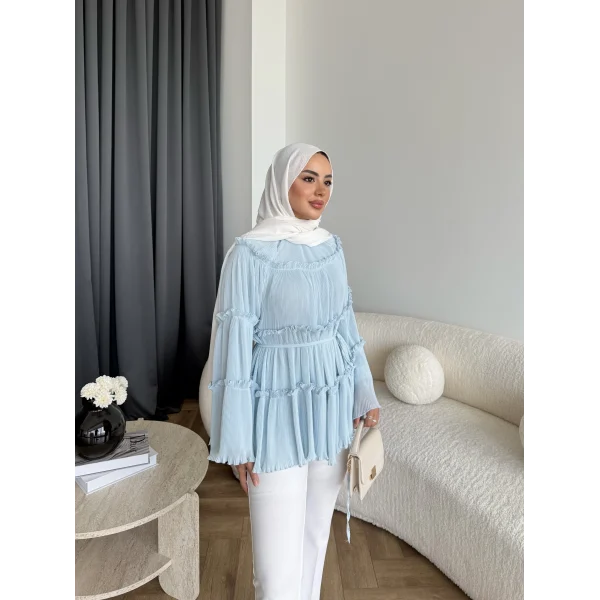 Hen - Piliseli Şifon Bluz - Bebe Mavi