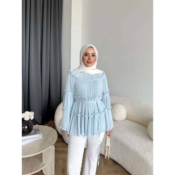 Hen - Piliseli Şifon Bluz - Bebe Mavi