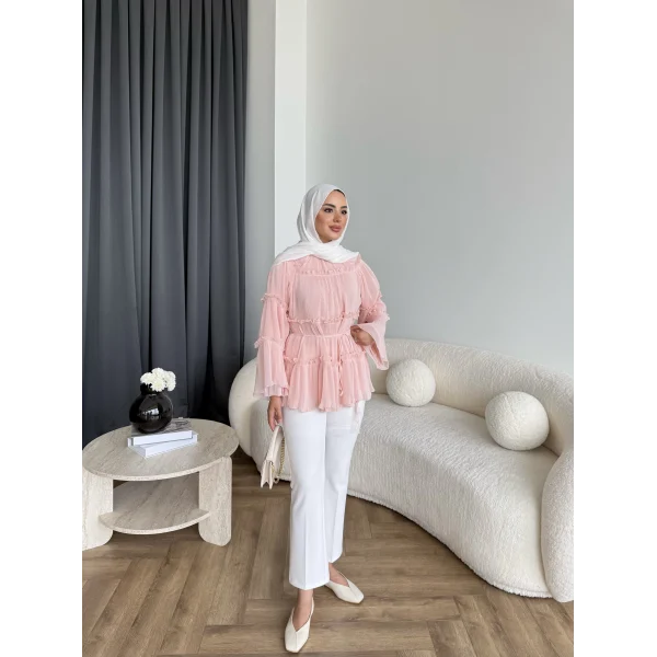 Hen - Piliseli Şifon Bluz - Pembe