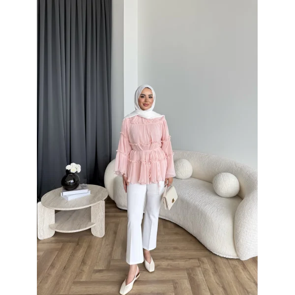 Hen - Piliseli Şifon Bluz - Pembe