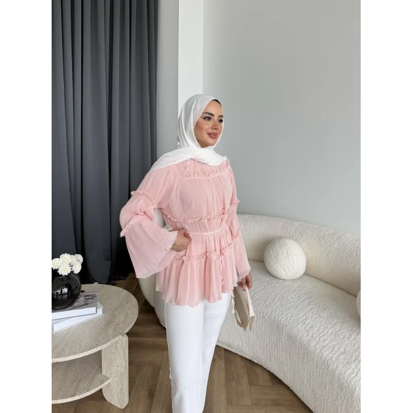 Hen - Piliseli Şifon Bluz - Pembe