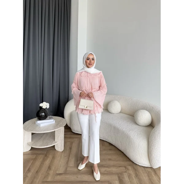 Hen - Piliseli Şifon Bluz - Pembe