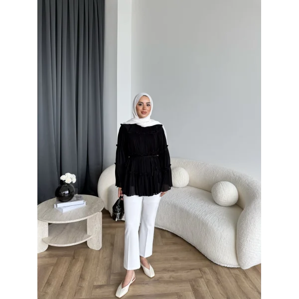 Hen - Piliseli Şifon Bluz - Siyah