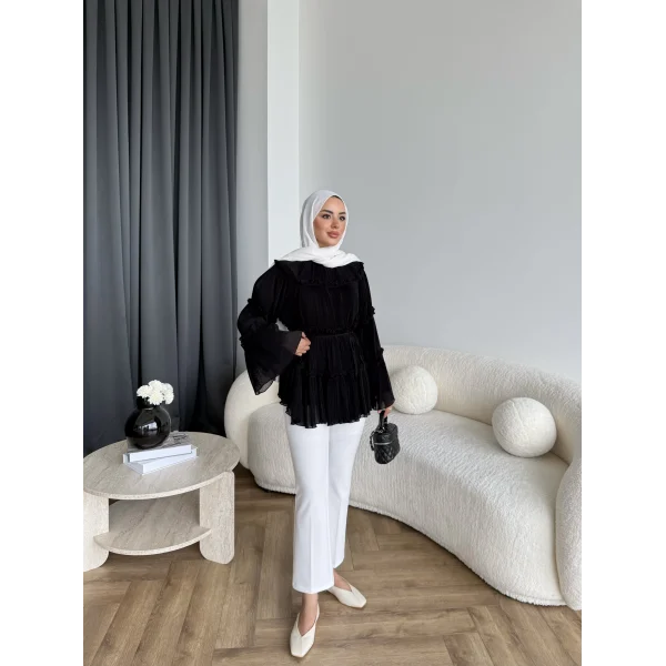 Hen - Piliseli Şifon Bluz - Siyah