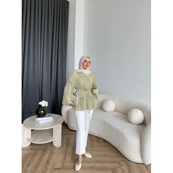 Hen - Piliseli Şifon Bluz - Yeşil