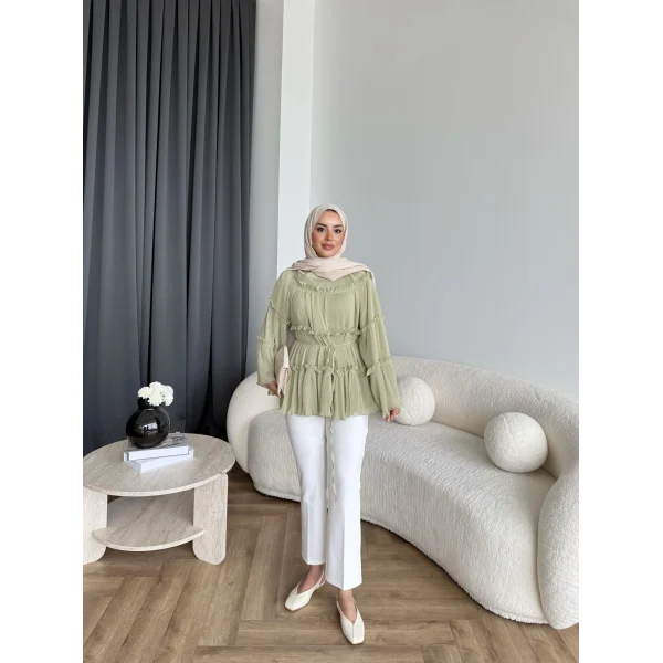 Hen - Piliseli Şifon Bluz - Yeşil