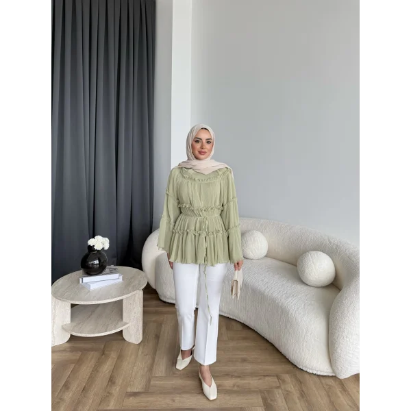 Hen - Piliseli Şifon Bluz - Yeşil