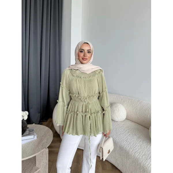 Hen - Piliseli Şifon Bluz - Yeşil