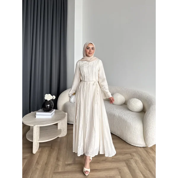Hen - Senas Şerit Detay Elbise - Ekru