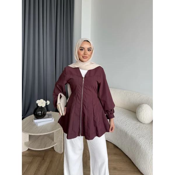 Hen - Sergan V Yaka Fermuarlı Gömlek - Bordo