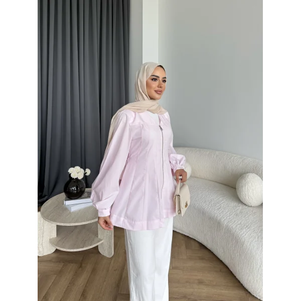 Hen - Sergan V Yaka Fermuarlı Gömlek - Pembe