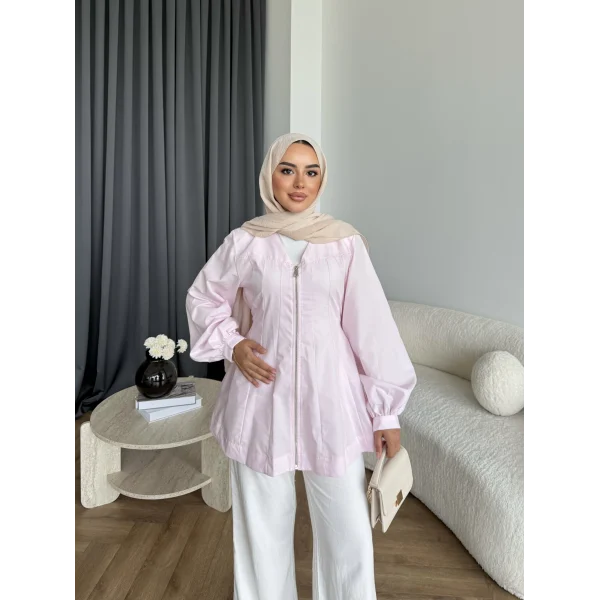 Hen - Sergan V Yaka Fermuarlı Gömlek - Pembe