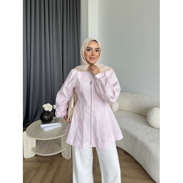 Hen - Sergan V Yaka Fermuarlı Gömlek - Pembe