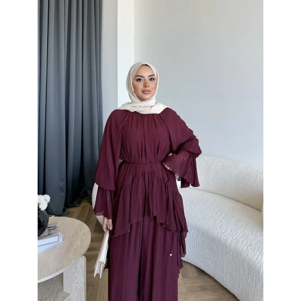 Hew - Lumira Abaya Pantolonlu Takım - Bordo