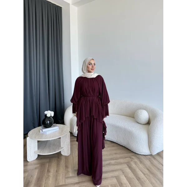 Hew - Lumira Abaya Pantolonlu Takım - Bordo