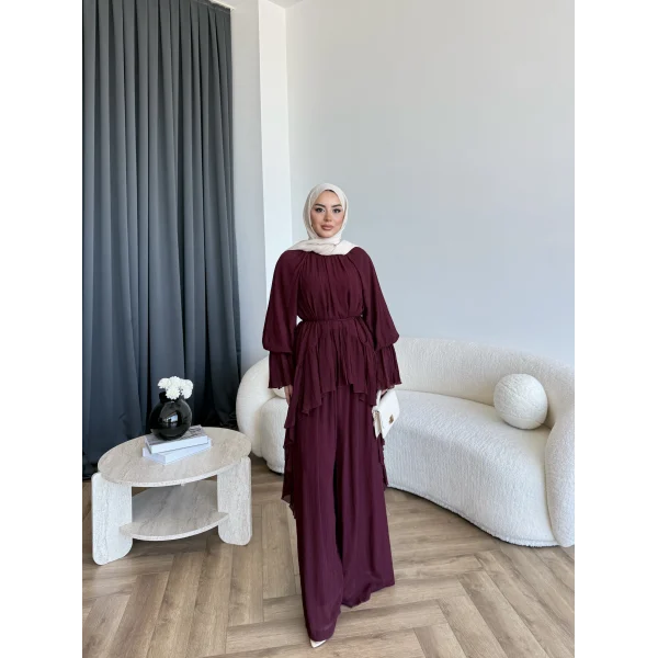Hew - Lumira Abaya Pantolonlu Takım - Bordo