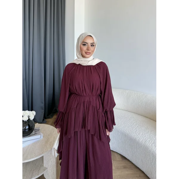 Hew - Lumira Abaya Pantolonlu Takım - Bordo