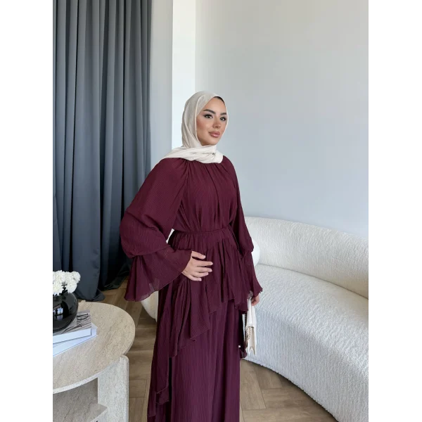 Hew - Lumira Abaya Pantolonlu Takım - Bordo