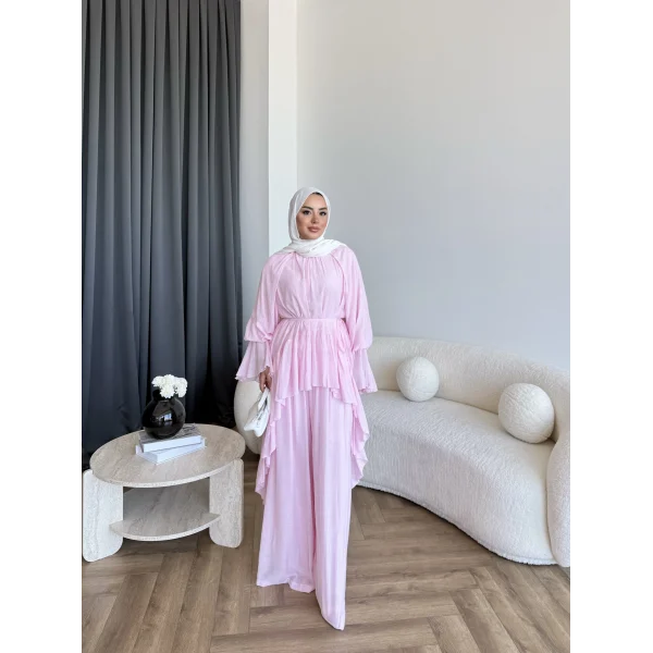 Hew - Lumira Abaya Pantolonlu Takım - Pembe