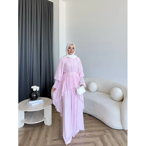 Hew - Lumira Abaya Pantolonlu Takım - Pembe
