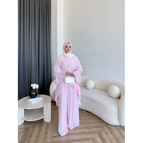 Hew - Lumira Abaya Pantolonlu Takım - Pembe