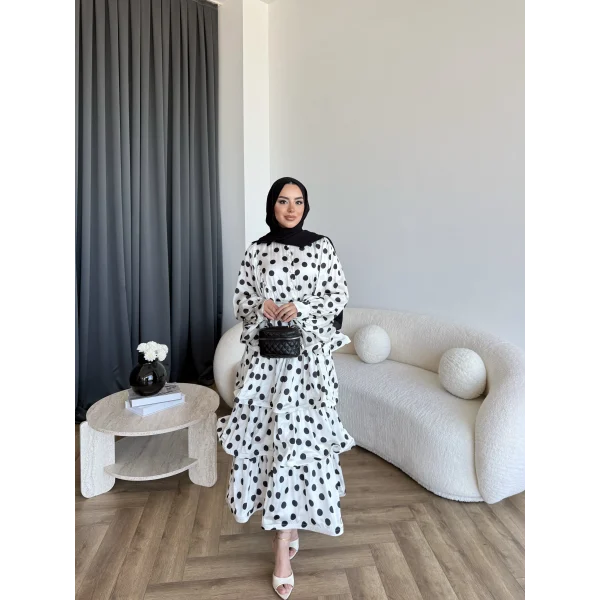 Hew - Ponpon Saten Kat Kat Elbise - Beyaz