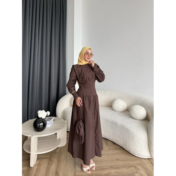 Hot - Elban Bel Detay Elbise - Kahve
