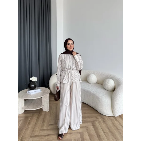 Hot - Saren Çizgili Takım - Bej