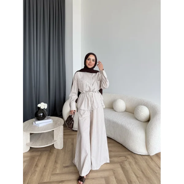 Hot - Saren Çizgili Takım - Bej