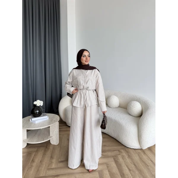 Hot - Saren Çizgili Takım - Bej