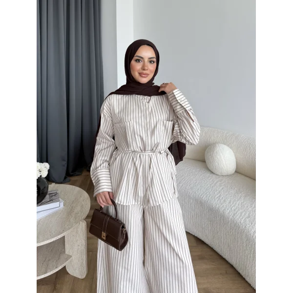 Hot - Saren Çizgili Takım - Bej