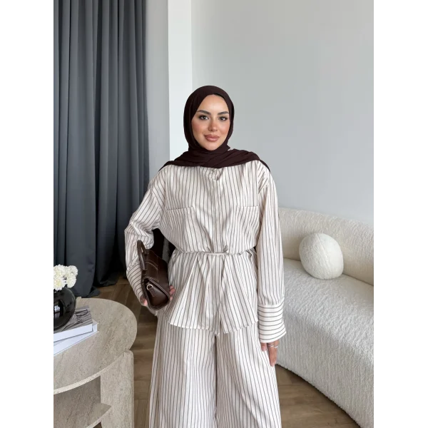 Hot - Saren Çizgili Takım - Bej