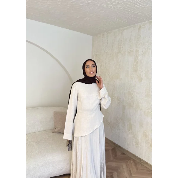 Keten Kırışık Etek Takım - Bej