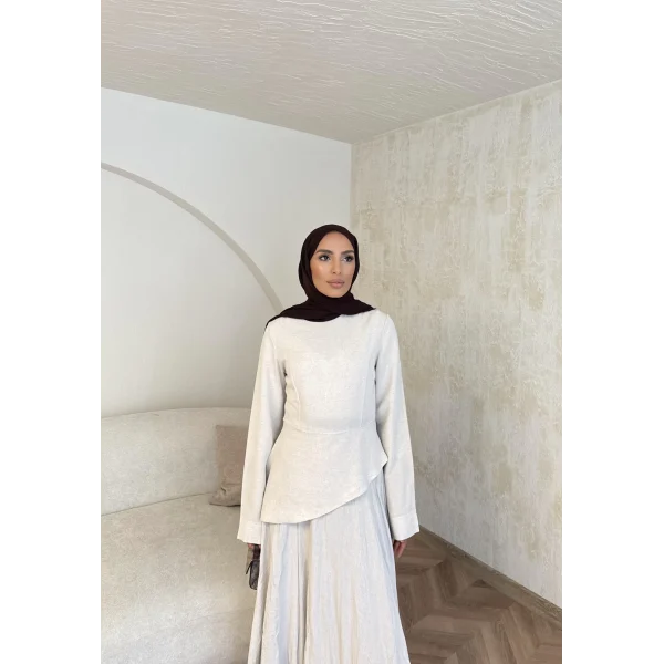 Keten Kırışık Etek Takım - Bej