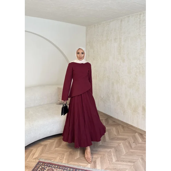 Keten Kırışık Etek Takım - Bordo