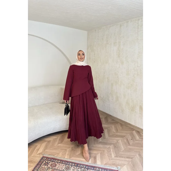 Keten Kırışık Etek Takım - Bordo