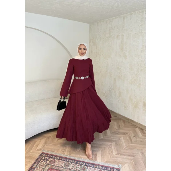 Keten Kırışık Etek Takım - Bordo